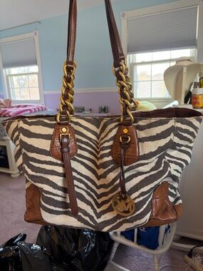 Michael Kors Brown and Cream Zebra-Pattern Tote with Chain Straps